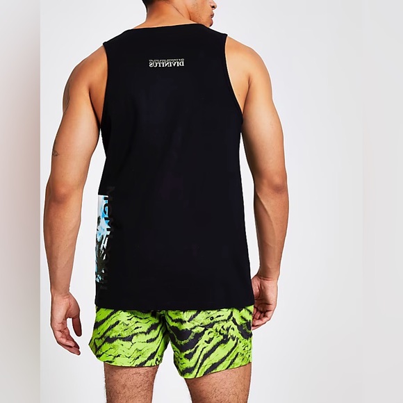 River Island Mens Black Graphic Print Slim Fit Tank Tops - Picture 3 of 5